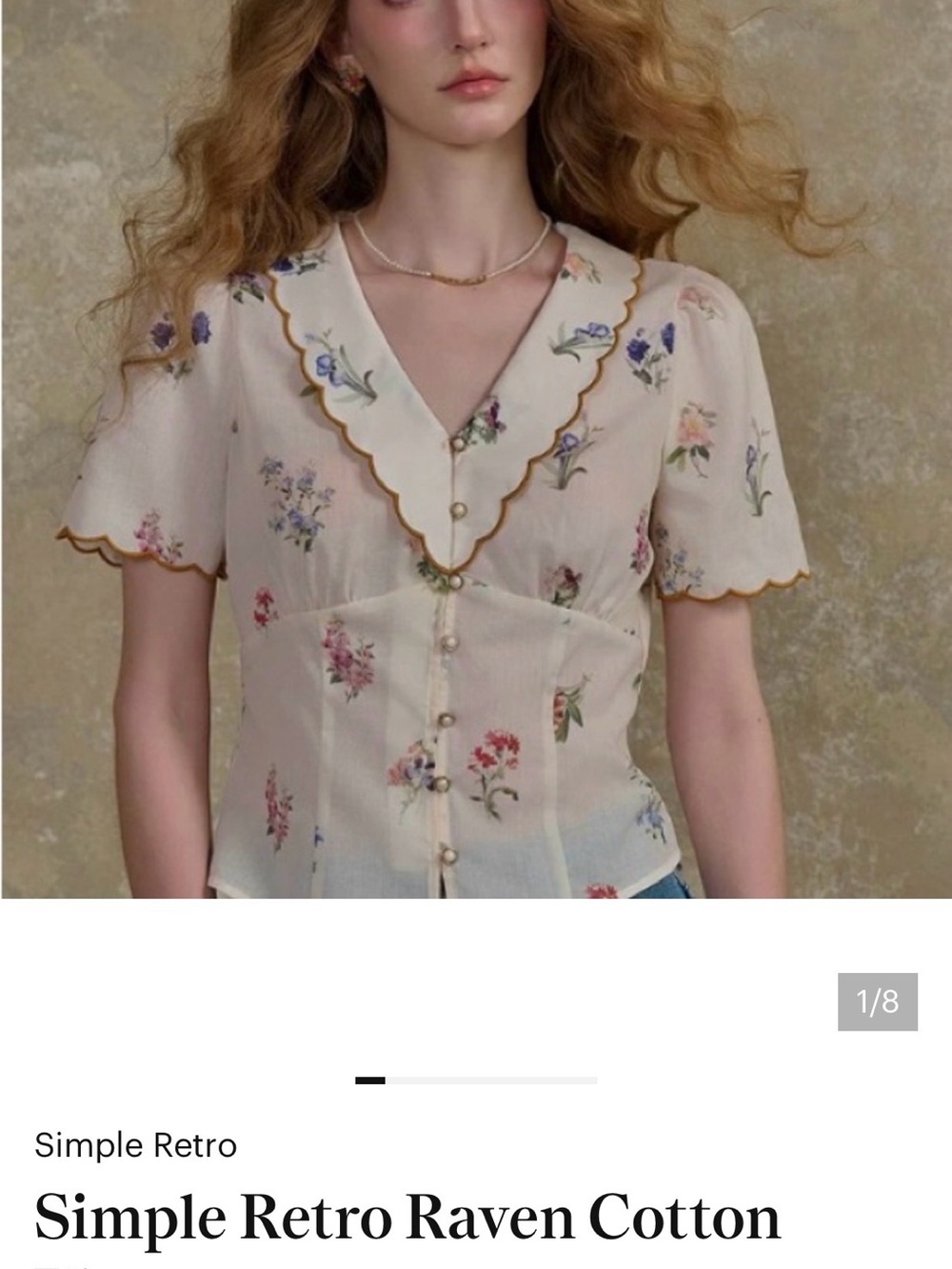 Floral Scalloped-Collar Blouse - White with Gold Trim - Picture 2 of 7